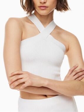 Babaton White Ribbed Crisscross Halter Crop Top
